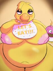 absurd_res avian belly big_belly big_breasts bird breasts chica_(fnaf) chicken classic_chica_(fnaf) cupcake cupcake_(fnaf) fat female five_nights_at_freddy's food galliform gallus_(genus) hi_res mcerror overweight phasianid scottgames solo