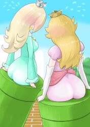 2girls ass ass_focus blonde_hair dress duo female female_only huge_ass mario_(series) microsd_(artist) multiple_girls nintendo pipes princess_peach princess_rosalina super_mario_bros. warp_pipe