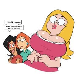 3girls american_dad big_breasts black_hair blonde_hair blush blush_lines bob's_burgers breast_envy breasts cartoon_milf cleavage clothing crossover cute cute_face dialogue encouragement family_guy female francine_smith glare glaring glasses linda_belcher lois_griffin milf monamania orange_hair pink_dress plump_lips red_glasses self-conscious shocked smile tagme top_heavy white_background