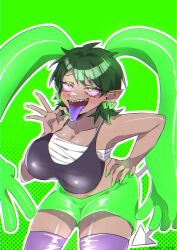 armpits bandaged_chest bandages big_breasts black_tank_top brown-chan da-da dark_green_hair demon_tail ear_hands earrings fully_clothed green_ears green_nails green_shorts hand_on_hip highres human humanized light_pink_sclera long_eyelashes mochi__1110_ oyasaioni9 pointy_ears pointy_tail purple_thighhighs purple_tongue rule_63 short_hair solo_female tanned_female tanned_skin teach_the_cat tongue_out watermark white_eyes white_tail