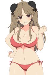 1girls ahoge bangs blonde_hair brown_eyes earrings female front_view hair_ornament huge_breasts ichiryuu_tsumiki light-skinned_female light_skin long_hair looking_at_viewer midriff navel one_arm_up renka_(senran_kagura) ribbon senran_kagura sidelocks simple_background smile solo standing teeth thick_thighs thigh_gap underwear white_background