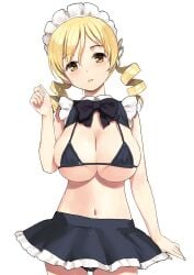 absurd_res alternate_costume bikini black_bikini black_bow black_bowtie blonde_hair bow bowtie breasts cleavage cowboy_shot drill_hair enmaided female hair_ornament hairpin head_tilt highres human human_only jiji_(aardvark) large_breasts long_hair looking_at_viewer mahou_shoujo_madoka_magica maid maid_bikini maid_headdress mami_tomoe puella_magi_madoka_magica simple_background solo swimsuit tomoe_mami twin_drills white_background yellow_eyes young