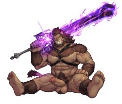 2023 abs absurd_res anthro ball_tuft balls biped bottomless bottomless_anthro bottomless_male brown_body brown_fur clothed clothing digital_media_(artwork) fangs felid final_fantasy final_fantasy_xiv foreskin fur genitals grin harness harness_only hi_res holding_object holding_sword holding_weapon hrothgar humanoid_genitalia humanoid_penis jacketbear male male_only mammal melee_weapon muscular muscular_anthro muscular_male nipples pecs penis plantigrade retracted_foreskin simple_background smile solo square_enix sword tan_balls tan_body tan_penis teeth tuft vein veiny_penis weapon whiskers white_background yellow_eyes