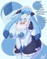 1girls big_breasts blue_skin breasts dimples eeveelution exposed_breasts female female_only furry glaceon maid_uniform nintendo pokémon_(species) pokemon pokemon_unite snackbunnii tail tea_party_style_glaceon text thick_thighs wide_hips