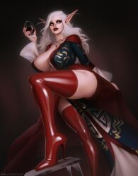 1girls big_breasts bimbo bimbo_lips blood_elf boots cleavage cleavage_dress cmapca_art dress elf female high_heel_boots hoop_earrings hoop_earrings_oversized huge_breasts jess_dayreaver large_breasts pin_up red_boots solo thick_thighs thigh_boots thighhighs voluptuous warcraft world_of_warcraft