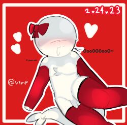 :3 bow chest_fur dated heart logo markings no_eyes original_character presenting simple_background simple_coloring simple_shading slimy small_penis solo tail thick_thighs