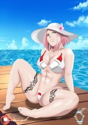 1girls abs adapted_costume bare_legs bare_shoulders barefoot bikini boruto:_naruto_next_generations breasts feet female female_only green_eyes hat karlen_vardanyan mature mature_female midriff milf muscular muscular_female naruto naruto_(series) outdoors pink_hair sakura_haruno sitting solo solo_focus summer_hat swimsuit tattoo toned toned_female uchiha_symbol