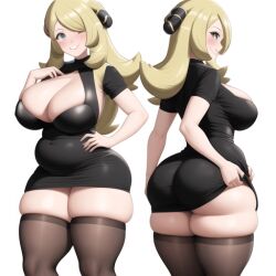 ai_generated ass_in_dress black_dress blonde_hair blush cynthia_(pokemon) dress huge_ass huge_breasts legwear pokemon smiling stockings thick_thighs