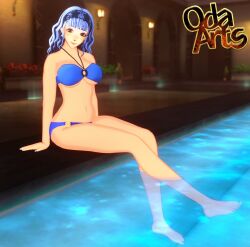 1girls 3d alternate_costume alternate_hairstyle bangs bare_legs bikini blue_hair blue_swimsuit breasts brown_eyes commission female female_only fire_emblem fire_emblem:_three_houses fire_emblem_warriors:_three_hopes large_breasts legs looking_at_viewer marianne_von_edmund medium_hair nintendo o-ring o-ring_bikini oda_arts official_alternate_hairstyle partially_submerged pool smile solo swimsuit underboob water wavy_hair