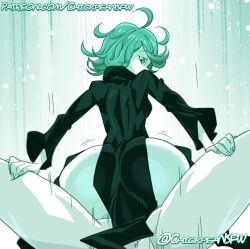 1boy 1girls 2023 anal anal_sex ass chickpea clothed_female_nude_male clothed_sex female green_background green_theme looking_at_viewer looking_over_shoulder male monochrome one-punch_man pov short_hair simple_background straight tatsumaki