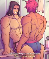 2022 2boys 5:6 abs animal_ears artist_name ass bara biceps black_hair black_hair_male bottle cat_ears couple feet_out_of_frame gym_shorts highres large_pectorals league_of_legends locker locker_room long_black_hair long_hair long_hair_male looking_at_another male/male male_focus manly mature_male multiple_boys muscular muscular_male nipples pectorals ponytail red_hair red_hair_male sett short_hair short_hair_male short_red_hair shorts signature sylas tan text_focus thick_arms thick_eyebrows thick_thighs thighs tight topless_male towel twitter unseen_male_face vylnora yaoi