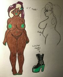 ass belly_button_piercing big_ass big_breasts boots breasts chubby chubby_female dark-skinned_female dark_skin high_heel_boots high_heels large_ass large_breasts lipstick marina_(splatoon) naked oh_gosh_levi reference_image reference_sheet smile splatoon stomach thick thick_thighs