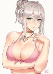 1girls ahoge alternate_costume bikini breasts choker cleavage collarbone commentary effie_(fire_emblem) english_commentary female female_only fire_emblem fire_emblem_fates green_eyes grey_hair hair_between_eyes highres jewelry large_breasts looking_at_viewer necklace nintendo nose pink_bikini pink_swimsuit sciamano240 signature simple_background solo summer swimsuit upper_body white_background