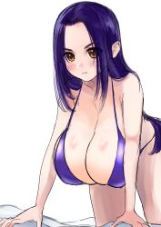 1girls big_breasts bikini blush blush_lines breasts female female_focus female_only huge_breasts large_breasts long_hair ohanachan purple_bikini purple_hair simple_background solo solo_female solo_focus straight_hair thick_thighs thighs white_background yellow_eyes