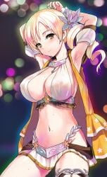 1girls armlet armpits arms_up bangs bikini blonde_hair blurry blush bokeh breasts cleavage curvaceous curvy curvy_body curvy_female curvy_figure depth_of_field drill_hair female flower hair_flower hair_ornament highres huge_breasts jewelry jiji_(aardvark) long_hair magia_record:_mahou_shoujo_madoka_magica_gaiden magical_girl mahou_shoujo_madoka_magica mami_tomoe necklace puella_magi_madoka_magica smile solo sweat swimsuit thigh_strap tomoe_mami twin_drills wrist_cuffs yellow_eyes