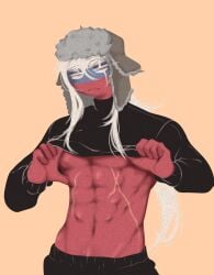 black_clothing clothing cone_ink countryhumans humanoid long_hair male male_only no_visible_genitalia pectorals red_body red_skin russia_(countryhumans) white_hair yellow_eyes