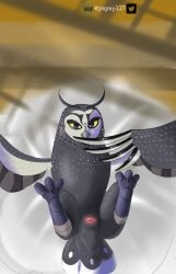 animal_genitalia avian bird claws cloaca dreamworks elelite feathers female fenghuang fenghuang_(kung_fu_panda) feral fur genitals grey_body grey_feathers grey_fur hi_res knife kung_fu_panda owl purple_eyes solo yellow_eyes