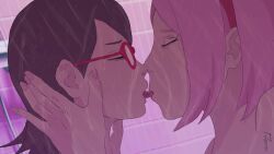 2girls age_difference animated artist_name artist_request black_hair boruto:_naruto_next_generations closed_eyes female_focus female_only french_kiss glasses highres incest kissing mother_and_daughter multiple_girls naruto naruto_(series) pink_hair sakura_haruno saliva saliva_string sarada_uchiha short_hair shower shower_scene showering sound tongue tongue_kissing tongue_out tongue_sucking video wet xsarda yuri