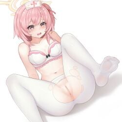 absurdres anus blue_archive blush bow bow_bra bra breasts censored cleavage feet female full_body halo hat highres lhj85313 medium_breasts mosaic_censoring navel no_panties no_shoes nurse_cap pantyhose pink_bra pink_eyes pink_hair pussy remedial_knights_(blue_archive) serina_(blue_archive) sitting soles solo torn_clothes torn_pantyhose trinity_general_school_student underwear white_background white_pantyhose