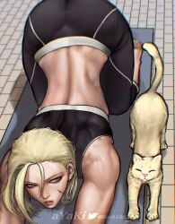 1girls alternate_hairstyle artist_name ass ayaki777 biceps big_ass blonde_hair cammy_white capcom cat crop_top feline female female_focus fully_clothed highres looking_at_another muscular muscular_female pants parted_lips scar scar_on_cheek scar_on_face short_hair sleeveless street_fighter street_fighter_6 stretching tight tight_pants top-down_bottom-up yoga_mat