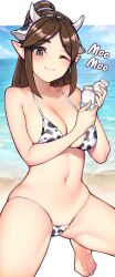 1girls barefoot beach bikini blush bottle bra breasts brown_hair cow_ears cow_girl cow_horns cow_print cow_print_bikini fake_animal_ears feet female grey_eyes hi-rez_studios ikkimay light-skinned_female light_skin looking_back milk milk_bottle navel paladins panties pointy_ears ponytail sand sea seaside smile solo toes water wink winking_at_viewer ying_(paladins)