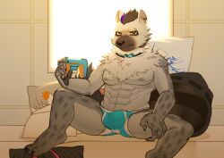 2021 5_fingers anthro arknights aslshin black_hair blue_hair bulge clothing collar controller ear_piercing eyebrow_piercing facial_piercing fingers fur game_controller genital_outline grey_body grey_fur hair holding_object hyena hypergryph looking_at_viewer male male_only mammal multicolored_hair muscular muscular_anthro muscular_male piercing solo spot_(arknights) spots spotted_body spotted_fur spotted_hyena studio_montagne two_tone_hair underwear