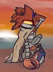 1_eye 2023 anthro badnik balls big_balls big_penis black_nose black_sclera blush erection eulipotyphlan genitals glans grey_balls grey_glans grey_penis hand_on_head hedgehog looking_away looking_down machine male mammal mecha_sonic mecha_sonic_mk._ii metallic_body motion_lines orange_body penis pupils red_eyes robot scrapnik_island sega solo sonic_(series) sonic_the_hedgehog_(idw) sonic_the_hedgehog_(series) tan_cape tan_cloak ultilix yellow_pupils