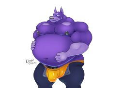 2021 5_fingers anthro balls bedroom_eyes belly big_belly big_bulge big_muscles big_nipples big_pecs black_nipples black_penis blue_bottomwear blue_clothing blue_eyes blue_pants bottomwear bulge canid canine canis clothing dobeocean dobermann domestic_dog fingers fur genitals hand_on_stomach hands_on_belly looking_at_viewer male mammal musclegut muscular muscular_anthro muscular_male narrowed_eyes navel nipples okoth_(dobeocean) orange_clothing orange_underwear overweight overweight_anthro overweight_male pants pecs penis pinscher purple_balls purple_body purple_fur seductive signature simple_background solo thick_thighs unbuttoned_pants underwear white_background