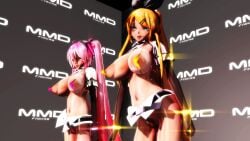 2girls 3d armwear big_breasts blonde_hair blue_eyes bow_hairband breasts female female_only hatsune_miku headset_microphone kagamine_rin large_areolae lion_musashi long_hair micro_bikini nipples pink_hair pointy_breasts skimpy very_long_hair vocaloid