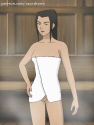 areola_slip avatar_the_last_airbender azula fire_nation hand_on_hip princess pubic_hair royalty sauna sauvdraws shaped_pubic_hair towel_only visible_pussy wet_body