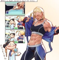 2girls 3koma abs absurdres aroused asian asian_female biceps bisexual bisexual_(female) bisexual_female black_hair blonde_hair blush bottle british broad_shoulders cammy_white capcom chibi choker chun-li closed_eyes comic drinking english_text female female_only fingerless_gloves fully_clothed gloves highres implied_yuri jacket kenji_uz looking_at_another multiple_girls muscular muscular_female obliques scar scar_on_face six_pack spill sportswear street_fighter street_fighter_6 undressing union_jack water_bottle yuri