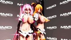 2girls 3d armwear big_breasts blonde_hair blue_eyes bow_hairband breasts female female_only hatsune_miku headset_microphone kagamine_rin large_areolae lion_musashi long_hair micro_bikini nipples pink_hair pointy_breasts skimpy thighhighs very_long_hair vocaloid