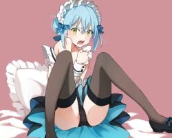 all_hail_lord_rimuru ass black_panties blue_hair dress lingerie maid maid_apron panties rimuru_tempest sitting tensei_shitara_slime_datta_ken white_apron yellow_eyes