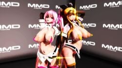 2girls 3d armwear big_breasts blonde_hair blue_eyes bow_hairband breasts female female_only hatsune_miku headset_microphone kagamine_rin large_areolae lion_musashi long_hair micro_bikini nipples pink_hair pointy_breasts skimpy thighhighs very_long_hair vocaloid