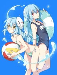 all_hail_lord_rimuru androgynous bikini blue_hair blush mask red_eyes rimuru_tempest school_swimsuit slime striped_bikini swimsuit tensei_shitara_slime_datta_ken yellow_eyes