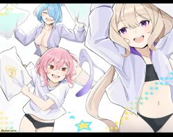 black_bra black_panties blonde_hair blue_hair bob_cut bra breasts cleavage elira_pendora enna_alouette flat_chest hair_over_one_eye implied_bottomless lendivere navel nijisanji nijisanji_en no_bra open_mouth open_shirt panties pillow pillow_fight pink_hair platinum_blonde_hair rosemi_lovelock shirt_open short_hair side_ponytail stockings t-shirt thighhighs unbuttoned_shirt virtual_youtuber white_legwear white_shirt wings