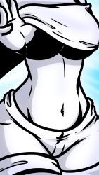 belly belly_button big_hips black_bra captaintaco2345 faceless faceless_character faceless_female flat_belly monochrome shirt_lift shirt_up shorts tacodraws tummy white_skin wide_hips