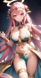 ai_generated athena athenaidol big_breasts curvy dancer_outfit goddess gold_jewelry halo pink_hair purple_eyes virtual_youtuber vtuber