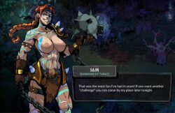 abs barbarian blue_eyes dialogue diana_slippery gardnerverse hades_(game) implied_after_sex large_breasts mace muscular_female nipples partially_clothed red_hair sam_gardner sam_the_barbarian scar tattoos topless weapon woman