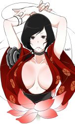 armpits black_hair breasts breasts_apart butcha-u cleavage female highres kunoichi kurenai_(red_ninja) large_breasts looking_at_viewer no_bra red_ninja seductive simple_background solo upscaled weapon white_background