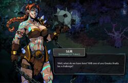 abs blue_eyes dialogue diana_slippery gardnerverse hades_(game) mace muscular_female red_hair sam_gardner sam_the_barbarian scar tattoos weapon woman