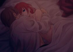 1boy 1girls after_sex bite_mark bite_marks blanket blue_eyes eye_contact female gintama hair_down hand_on_another's_face hickey_marks in_bed intimate kagura_(gintama) looking_at_another male nude nude_female okita_sougo on_bed on_side open_shirt orange_hair szzz_k