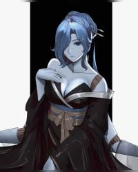 blue_eyes blue_hair blue_skin breasts cleavage clothes doll doll_joints dress elden_ring female_only fromsoftware kimono notgustiarp ranni_the_witch