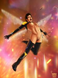 1girls ant-man_(series) ant-man_and_the_wasp:_quantumania breasts disintegrating_clothes embarrassed_nude_female evangeline_lilly forced_exposure half-dressed half_nude hope_van_dyne human human_only light-skinned_female light_skin marvel marvel_cinematic_universe nipples pubic_hair pussy sassafras shocked_expression short_hair torn_bodysuit wasp_(marvel) wings