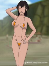 1girls air_acolyte areola_slip avatar_legends beach female milf mom_bod pema pubic_hair_peek sauvdraws skimpy_bikini sling_bikini smiling the_legend_of_korra