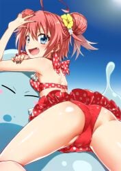 1girls ass bikini bikini_skirt blue_eyes cute_fang demon_lord female milim_nava open_mouth pink_hair red_bikini red_swimsuit rimuru_tempest shiny_skin slime swimsuit tensei_shitara_slime_datta_ken