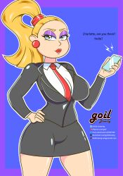 1girls artist_name big_breasts blonde_female blonde_hair blue_eyes business_attire business_suit business_woman cellphone charlotte_pickles dress electronics female female_only goil_drawing milf miniskirt nickelodeon phone ponytail rugrats skirt solo