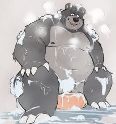 2023 anthro balls baloo barely_visible_balls barely_visible_genitalia bear belly big_belly black_nose convenient_censorship genitals ginnosuke grey_body hi_res kemono male mammal moobs navel nipples overweight overweight_male sitting solo