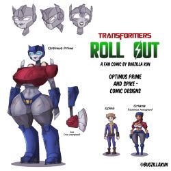 alternate_breast_size axe belly blue_eyes boots breasts_bigger_than_head bugzilla character_sheet dirty headlights helmet hologram hourglass_figure huge_breasts huge_thighs lipstick massive_thighs midriff optimus_prime redesign robot_girl rule_63 size_comparison spike_witwicky thick_thighs thong thong_bikini transformers weapon