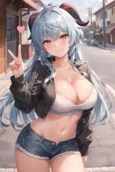 ahoge ai_generated avaiart bangs blurry blush breasts cleavage clothing cropped_jacket denim denim_shorts female female ganyu_(genshin_impact) genshin_impact heart high_resolution highleg highleg_panties horns jacket large_breasts large_filesize light long_hair looking_at_viewer navel outdoors pantsu road shorts smile street tongue tongue_out underwear v very_high_resolution zipper